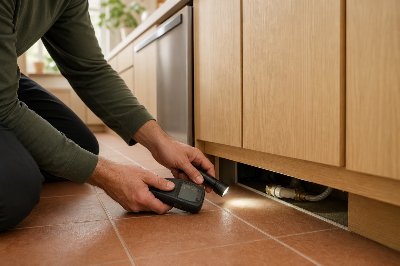 Illustrative cabinet toe-kick moisture inspection using a handheld meter and flashlight