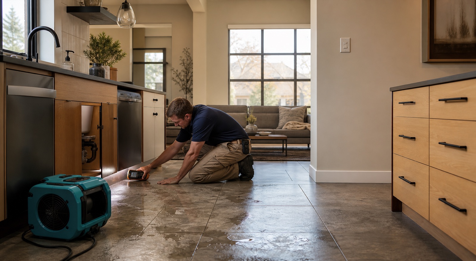 Technician checking moisture after a kitchen water leak